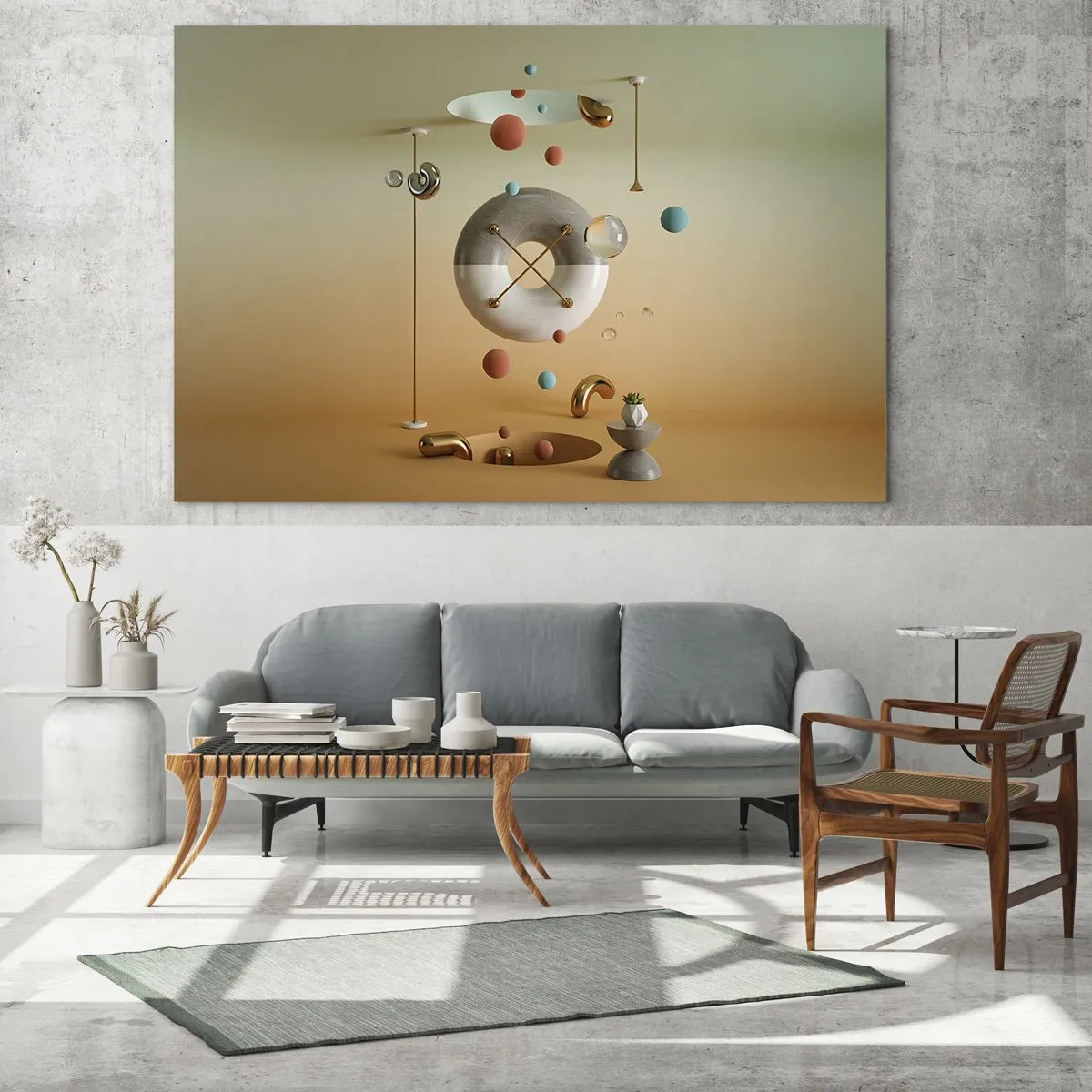 Tablou pe sticlă - Figuri geometrice în culori pastelate într-un spațiu abstract - 70x50cm - Orice se poate întâmpla - Decorațiune modernă pentru perete pentru living și dormitor ARTTOR