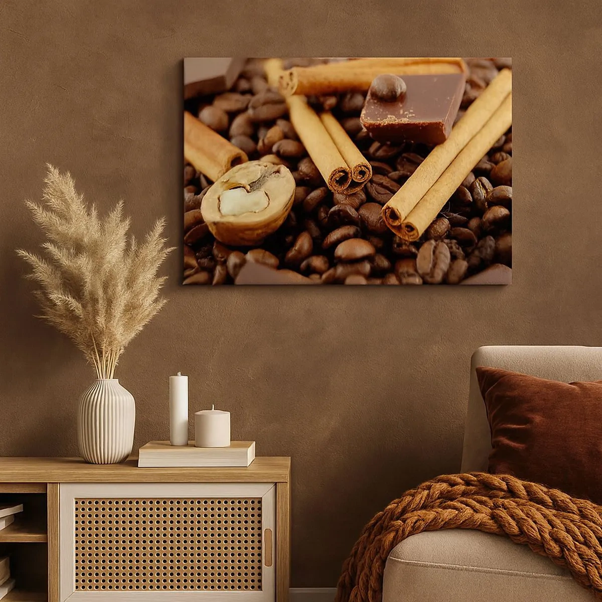 Tablou pe pânză Canvas - Boabe de cafea cu bețișoare de scorțișoară, ciocolată și nuci. - 70x50cm - Concert de arome - Decorațiune modernă pentru perete pentru living și dormitor ARTTOR