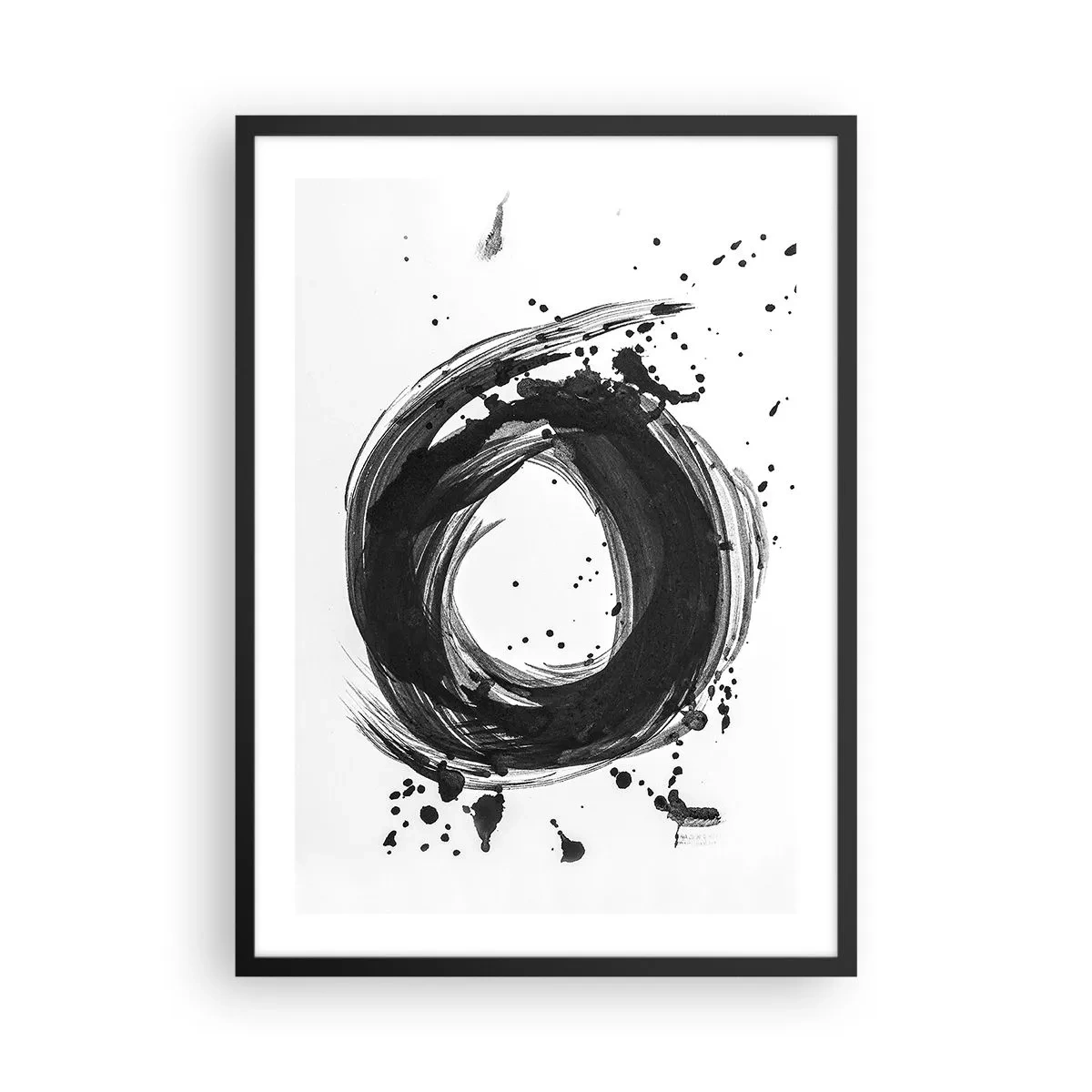 Poster în ramă neagră - Cerc abstract alb-negru cu pete dinamice - 50x70cm - Vortexul creației - Decorațiune modernă pentru perete pentru living și dormitor ARTTOR