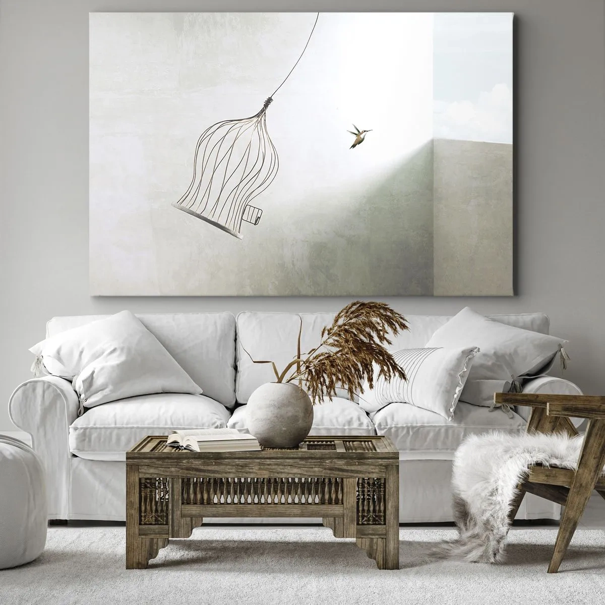 Tablou pe pânză Canvas - O pasăre eliberată dintr-o cușcă pe fundalul unui cer luminos - 70x50cm - Eliberat - Decorațiune modernă pentru perete pentru living și dormitor ARTTOR