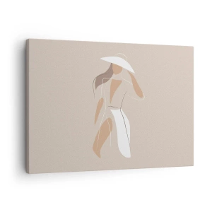 Tablou pe pânză Canvas - Un desen minimalist al unei femei cu pălărie pe un fundal bej. - 70x50cm - Moda este distractivă - Decorațiune modernă pentru perete pentru living și dormitor ARTTOR
