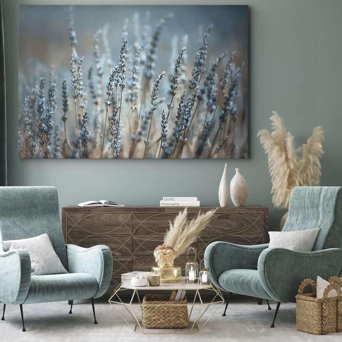 Tablou pe pânză Canvas - Lavandă pe câmp în tonuri pastelate subtile - 70x50cm - Câmpul parfumat - Decorațiune modernă pentru perete pentru living și dormitor ARTTOR