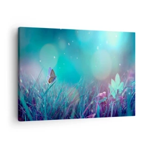Tablou pe pânză Canvas - Un fluture pe iarbă în lumina reflexiilor neclare - 70x50cm - Viața secretă a luncii - Decorațiune modernă pentru perete pentru living și dormitor ARTTOR
