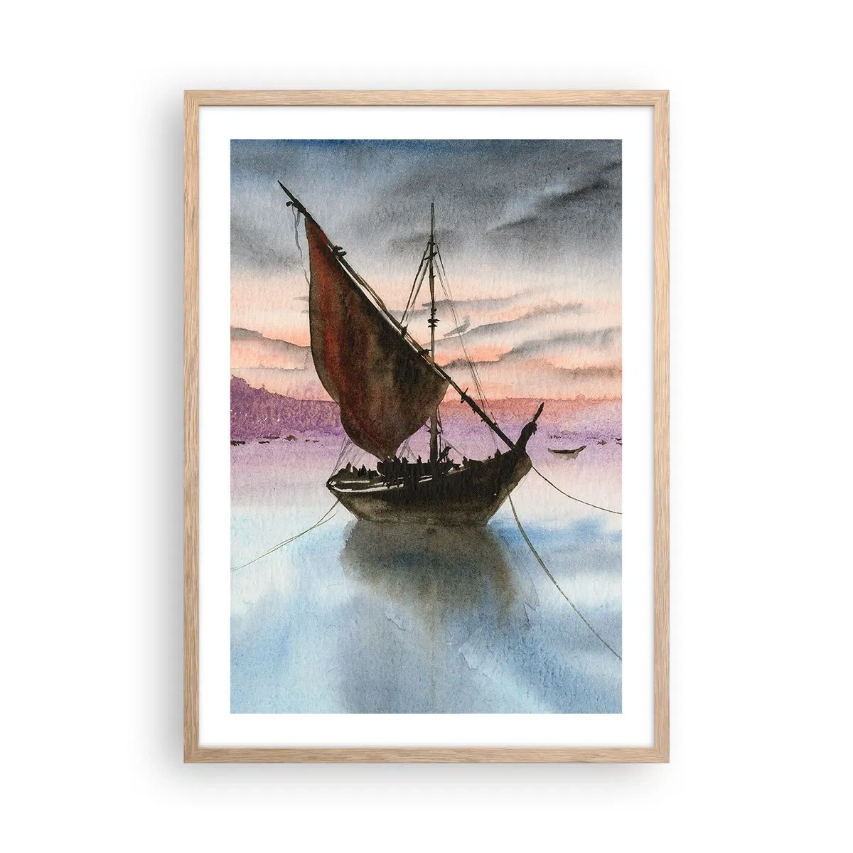 Poster în ramă de stejar deschis - O seară în port - 50x70 cm