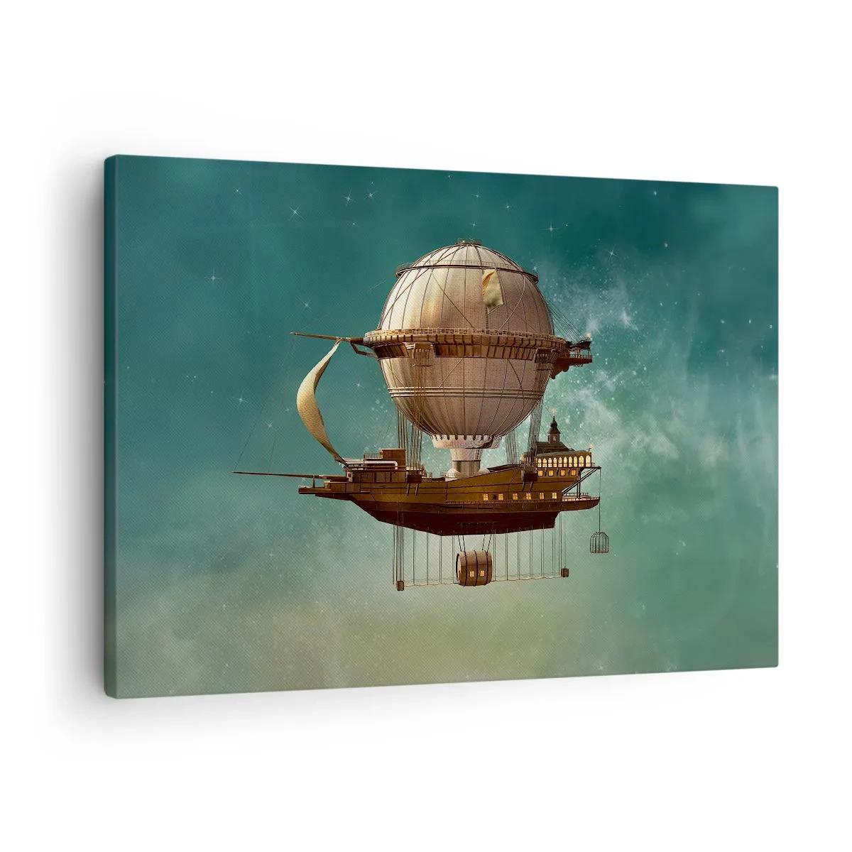 Tablou pe pânză Canvas - Un dirijabil fantastic pe fundalul cerului verzui - 70x50cm - Jules Verne vă transmite salutări - Decorațiune modernă pentru perete pentru living și dormitor ARTTOR