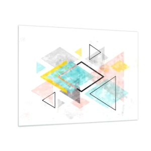 Tablou pe sticlă - Forme geometrice colorate pe fundal alb într-un stil abstract - 70x50cm - Joc geometric - Decorațiune modernă pentru perete pentru living și dormitor ARTTOR
