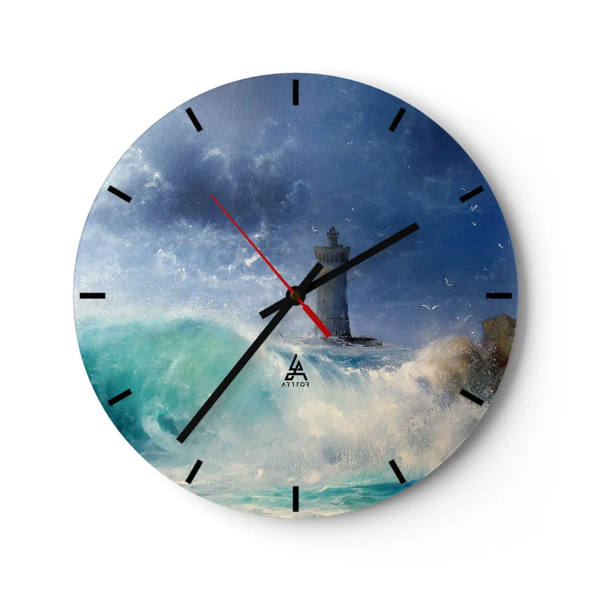 Ceas de perete - Ceas pe sticlă - Un far înconjurat de mări agitate și cer furtunos - 30x30cm - La veghe împotriva elementelor - Decorațiune modernă pentru perete pentru living, bucătărie și dormitor ARTTOR