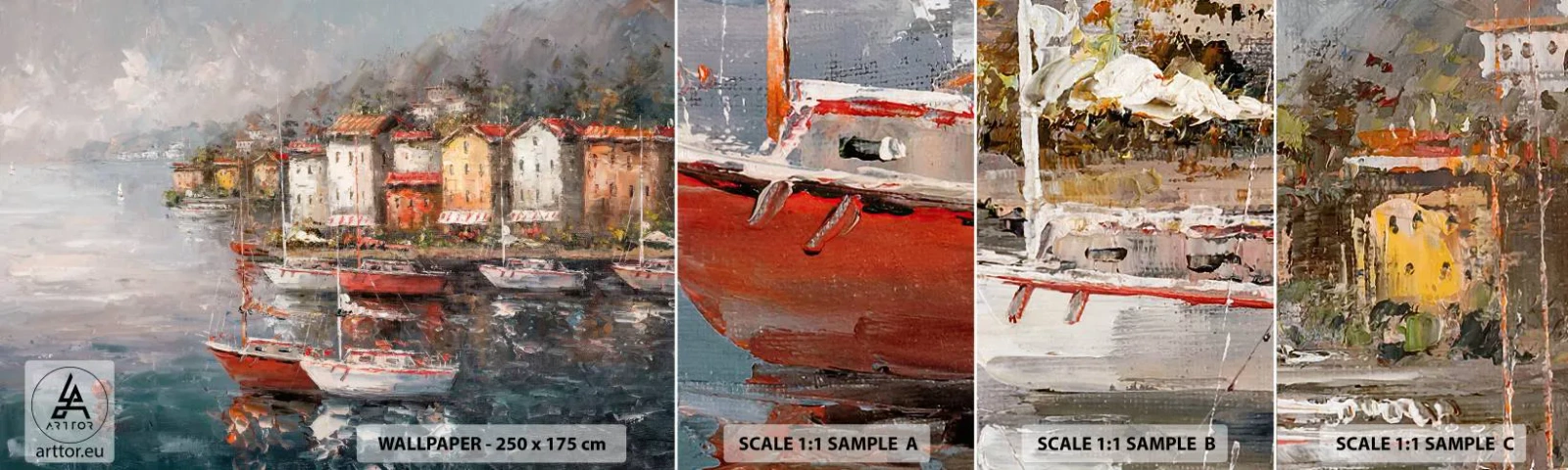 Mostră de Tapet Standard Eco - Portul romantic - Arhitectură, Oras port, Barcă cu pânze - 100x30 cm