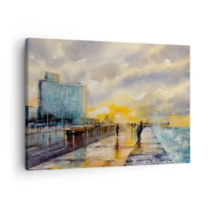 Tablou pe pânză Canvas - O priveliște pitorească a promenadei de pe malul mării la apus - 70x50cm - Viața pe țărm - Decorațiune modernă pentru perete pentru living și dormitor ARTTOR