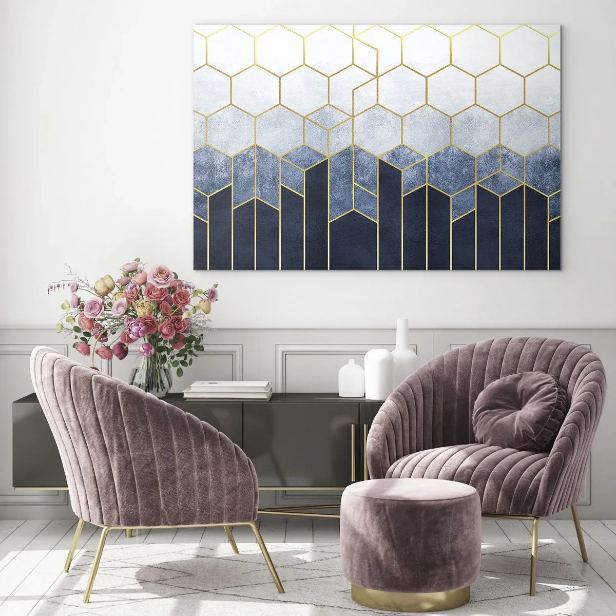 Tablou pe sticlă - Model geometric în culori auriu și albastru marin - 70x50cm - Compoziție în ritm sincopat - Decorațiune modernă pentru perete pentru living și dormitor ARTTOR