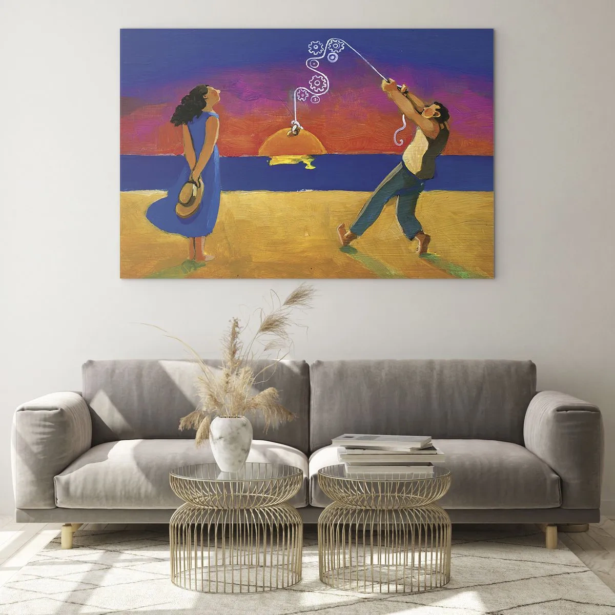 Tablou pe sticlă - Rezumat colorat al unui cuplu pe plajă la apus - 70x50cm - Mai mult decât o stea din cer - Decorațiune modernă pentru perete pentru living și dormitor ARTTOR