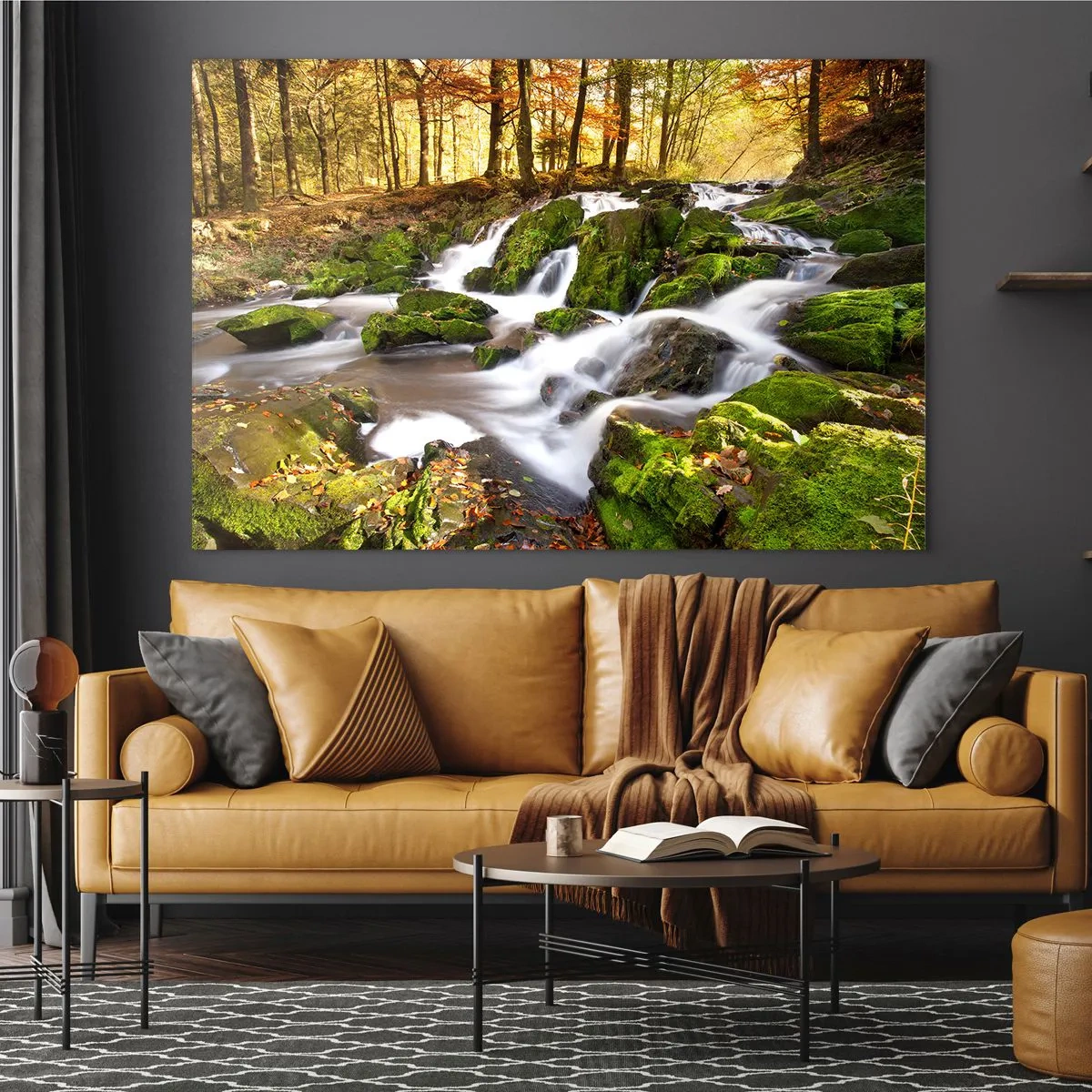 Tablou pe sticlă - Un pârâu de pădure cu cascade într-un peisaj de toamnă - 70x50cm - Repede prin pădure de toamnă - Decorațiune modernă pentru perete pentru living și dormitor ARTTOR