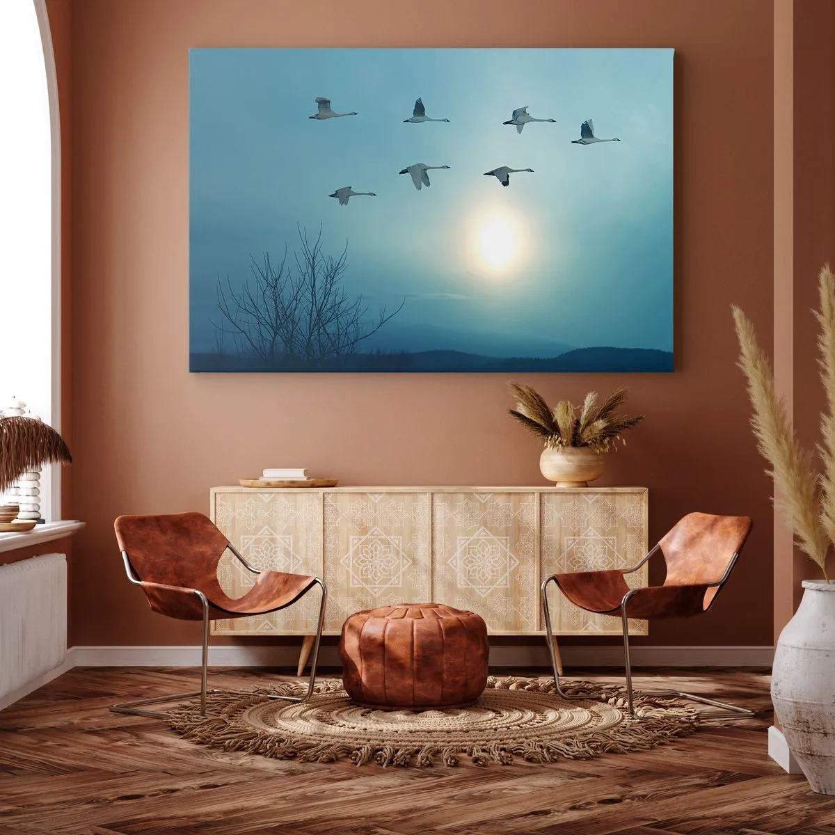 Tablou pe pânză Canvas - Lebede zburătoare dimineața - 70x50cm - Adio vară pentru un an - Decorațiune modernă pentru perete pentru living și dormitor ARTTOR