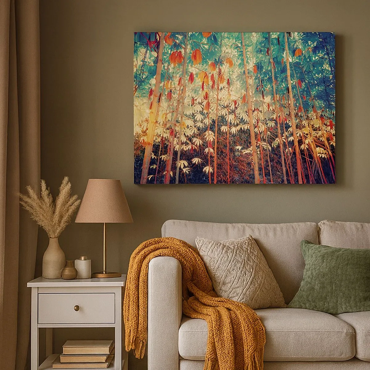 Tablou pe pânză Canvas - O pădure de bambus colorată, cu culori intense - 70x50cm - Viața secretă a frunzelor - Decorațiune modernă pentru perete pentru living și dormitor ARTTOR