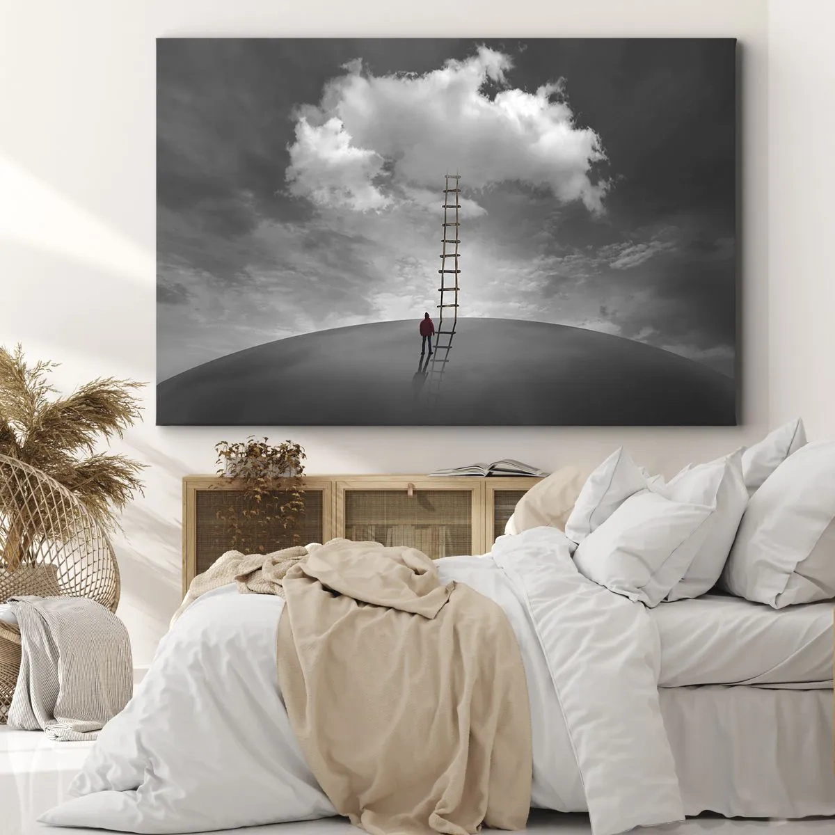 Tablou pe pânză Canvas - persoană într-o haină roșie și o scară care duce spre un nor - 70x50cm - Orice este posibil - Decorațiune modernă pentru perete pentru living și dormitor ARTTOR