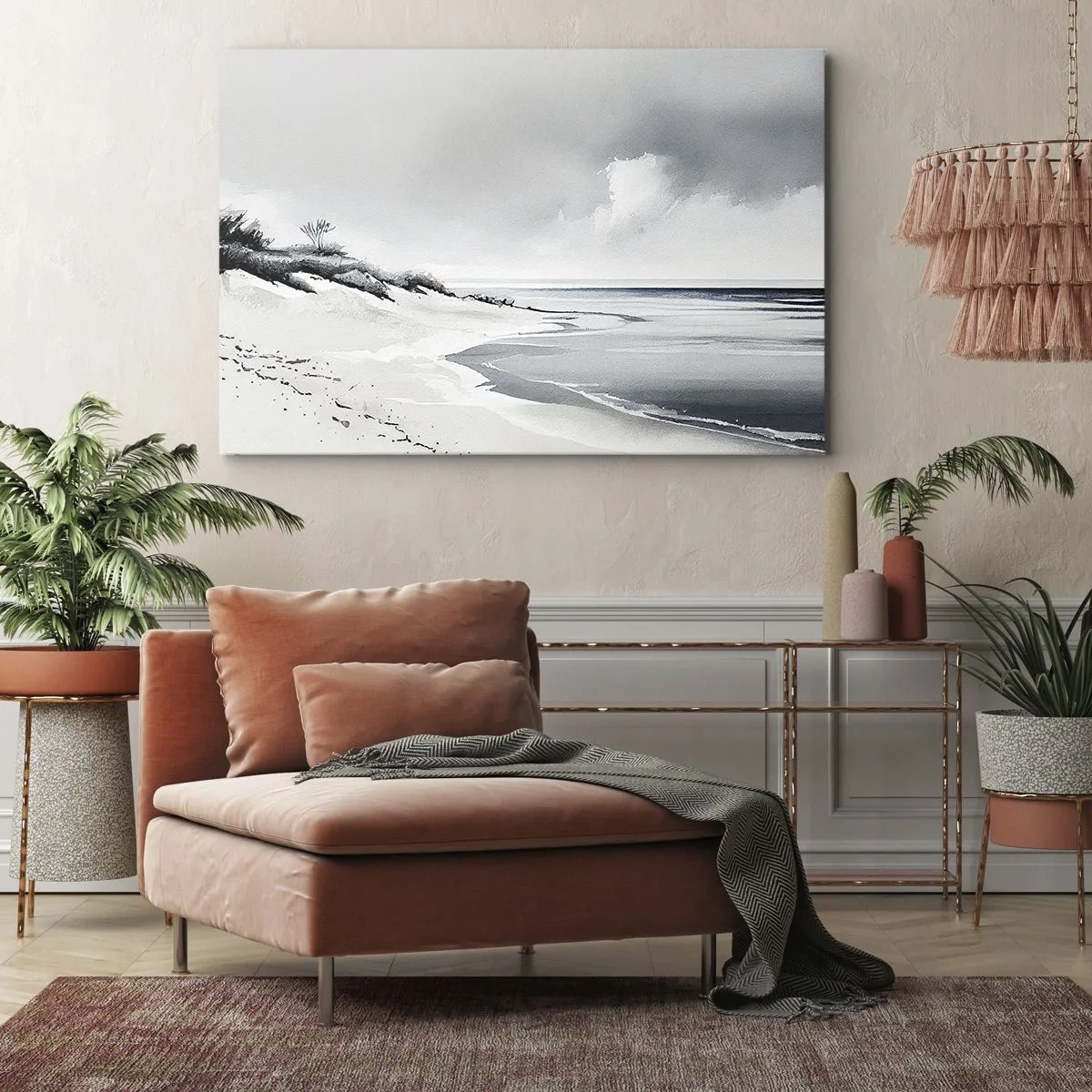 Tablou pe pânză Canvas - O plajă în nuanțe subtile de gri și albastru - 70x50cm - Întotdeauna împreună - Decorațiune modernă pentru perete pentru living și dormitor ARTTOR