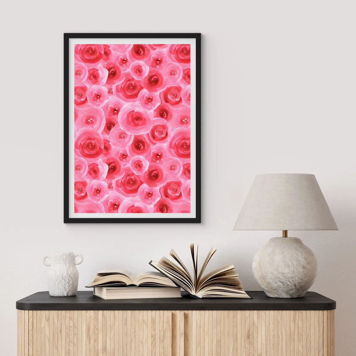 Poster în ramă neagră - Trandafiri roz în acuarelă într-un stil romantic - 50x70cm - Trandafiri de sus în jos - Decorațiune modernă pentru perete pentru living și dormitor ARTTOR