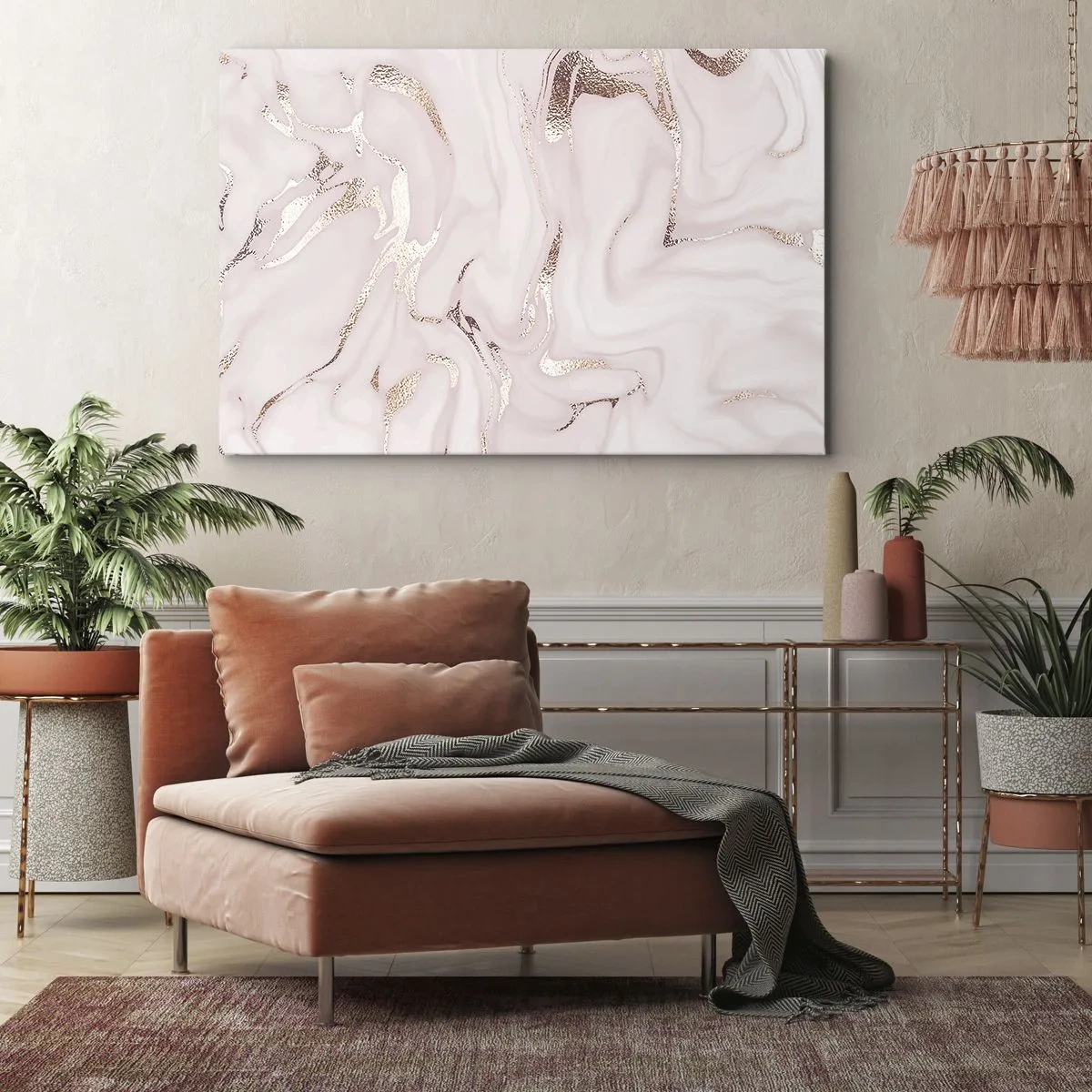 Tablou pe pânză Canvas - Abstracție elegantă în nuanțe de roz și auriu - 70x50cm - În nebunia roz - Decorațiune modernă pentru perete pentru living și dormitor ARTTOR