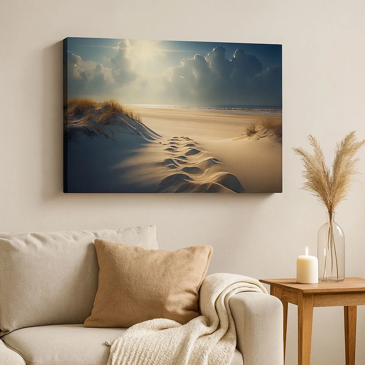 Tablou pe pânză Canvas - Dune aurii pe plajă la apus cu vedere la mare - 70x50cm - Peisaj liniștitor - Decorațiune modernă pentru perete pentru living și dormitor ARTTOR