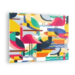 Tablou pe sticlă - Ilustrație abstractă a păsărilor colorate într-un stil geometric - 70x50cm - Cheful păsărilor - Decorațiune modernă pentru perete pentru living și dormitor ARTTOR