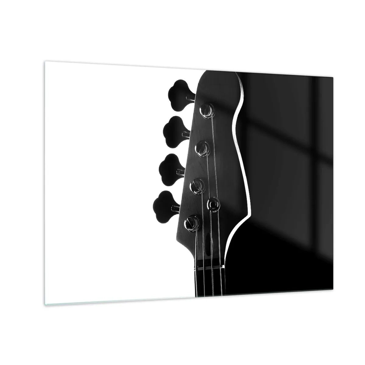 Tablou pe sticlă - Chitară bas alb-negru cu cap de chitară bas cu umbră - 70x50cm - Tăcere de rock - Decorațiune modernă pentru perete pentru living și dormitor ARTTOR