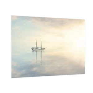 Tablou pe sticlă - O barcă cu pânze plutind pe o mare calmă în zori - 70x50cm - În tăcerea mării - Decorațiune modernă pentru perete pentru living și dormitor ARTTOR