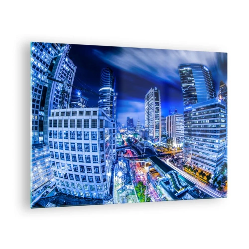 Tablou pe sticlă - Panoramă a unui oraș modern noaptea cu lumini strălucitoare - 70x50cm - Ritmurile orașului de noapte - Decorațiune modernă pentru perete pentru living și dormitor ARTTOR