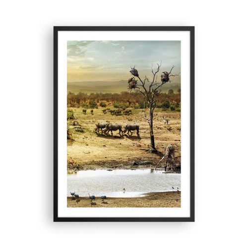 Poster în ramă neagră - Savană cu rinoceri și o adăpătoare - 50x70cm - "Și din Eden curgea un râu..." - Decorațiune modernă pentru perete pentru living și dormitor ARTTOR