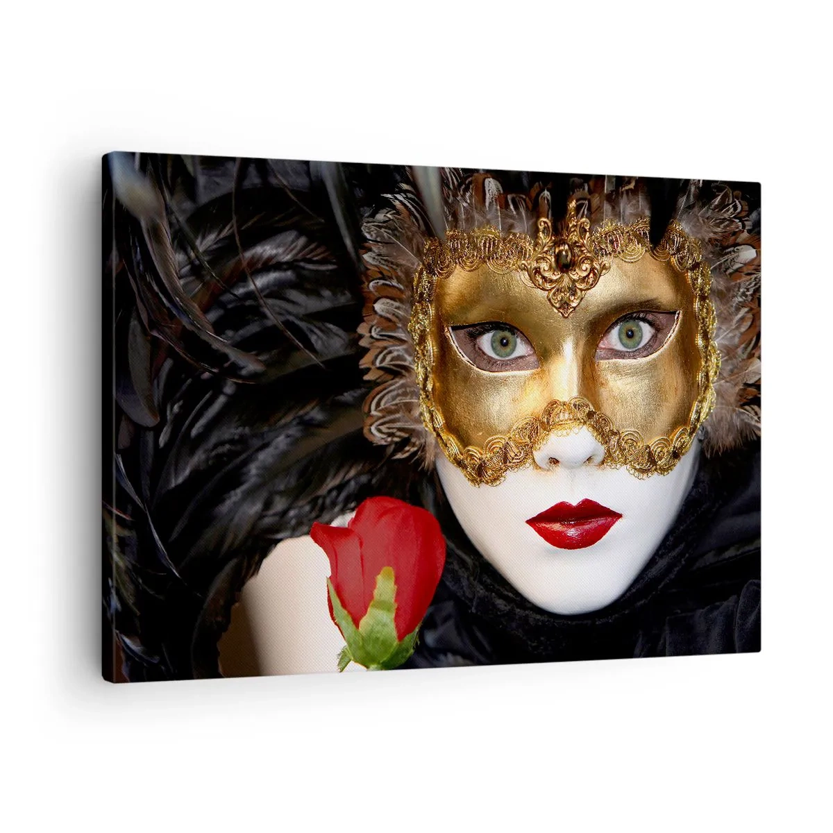 Tablou pe pânză Canvas - Mască venețiană de aur cu pene și un trandafir roșu, motiv misterios. - 70x50cm - Pentru că viața e un bal - Decorațiune modernă pentru perete pentru living și dormitor ARTTOR