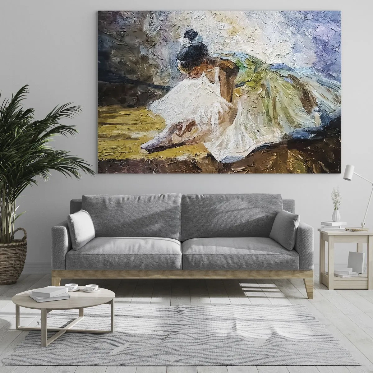 Tablou pe sticlă - O balerină aplecată în față într-o rochie albă pictată cu o textură de ulei - 70x50cm - Dintr-un tablou de Degas - Decorațiune modernă pentru perete pentru living și dormitor ARTTOR