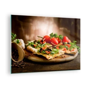 Tablou pe sticlă - Pizza pe o placă de lemn cu rucola și roșii - 70x50cm - Direct din cuptor și din grădină - Decorațiune modernă pentru perete pentru living și dormitor ARTTOR