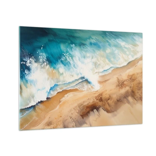 Tablou pe sticlă - O vedere de sus a unui val albastru al mării care se izbește de un țărm nisipos - 70x50cm - Unda de întoarcere - Decorațiune modernă pentru perete pentru living și dormitor ARTTOR