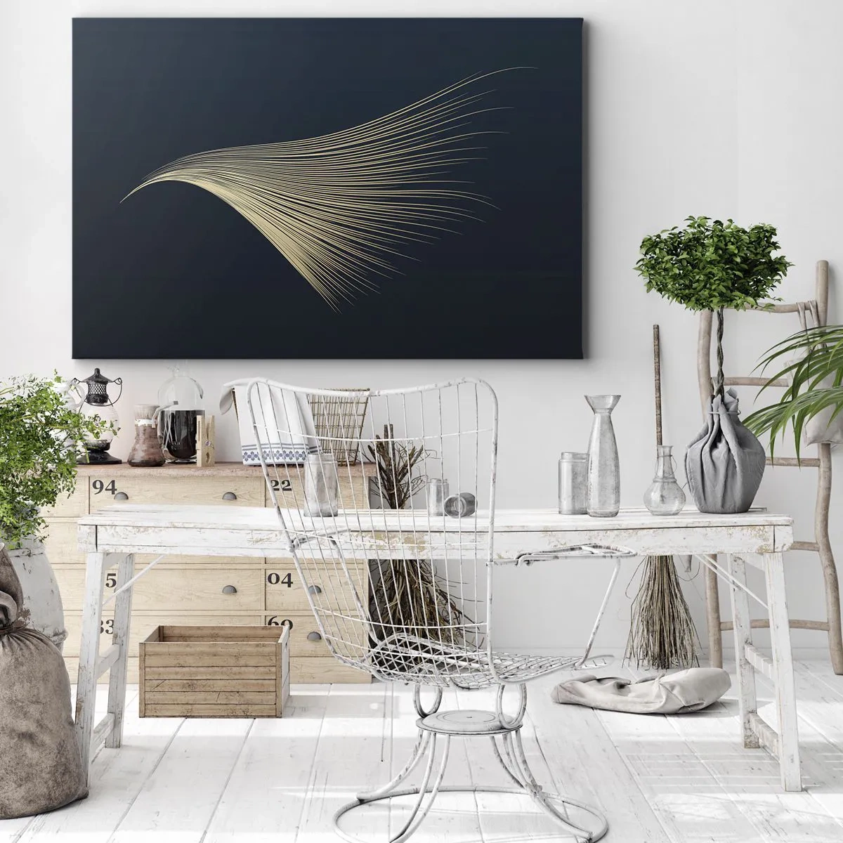 Tablou pe pânză Canvas - O linie delicată asemănătoare unei pene pe un fundal bleumarin - 70x50cm - Ca părul unui înger - Decorațiune modernă pentru perete pentru living și dormitor ARTTOR