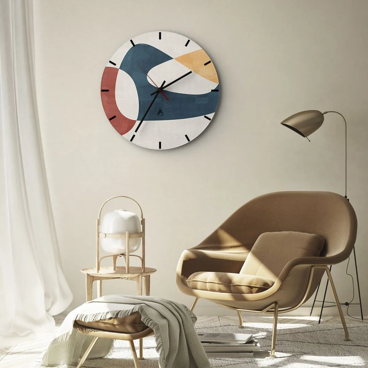 Ceas de perete - Ceas pe sticlă - Forme abstracte în nuanțe de roșu, albastru marin și bej - 30x30cm - Influențe și metamorfoze - Decorațiune modernă pentru perete pentru living, bucătărie și dormitor ARTTOR