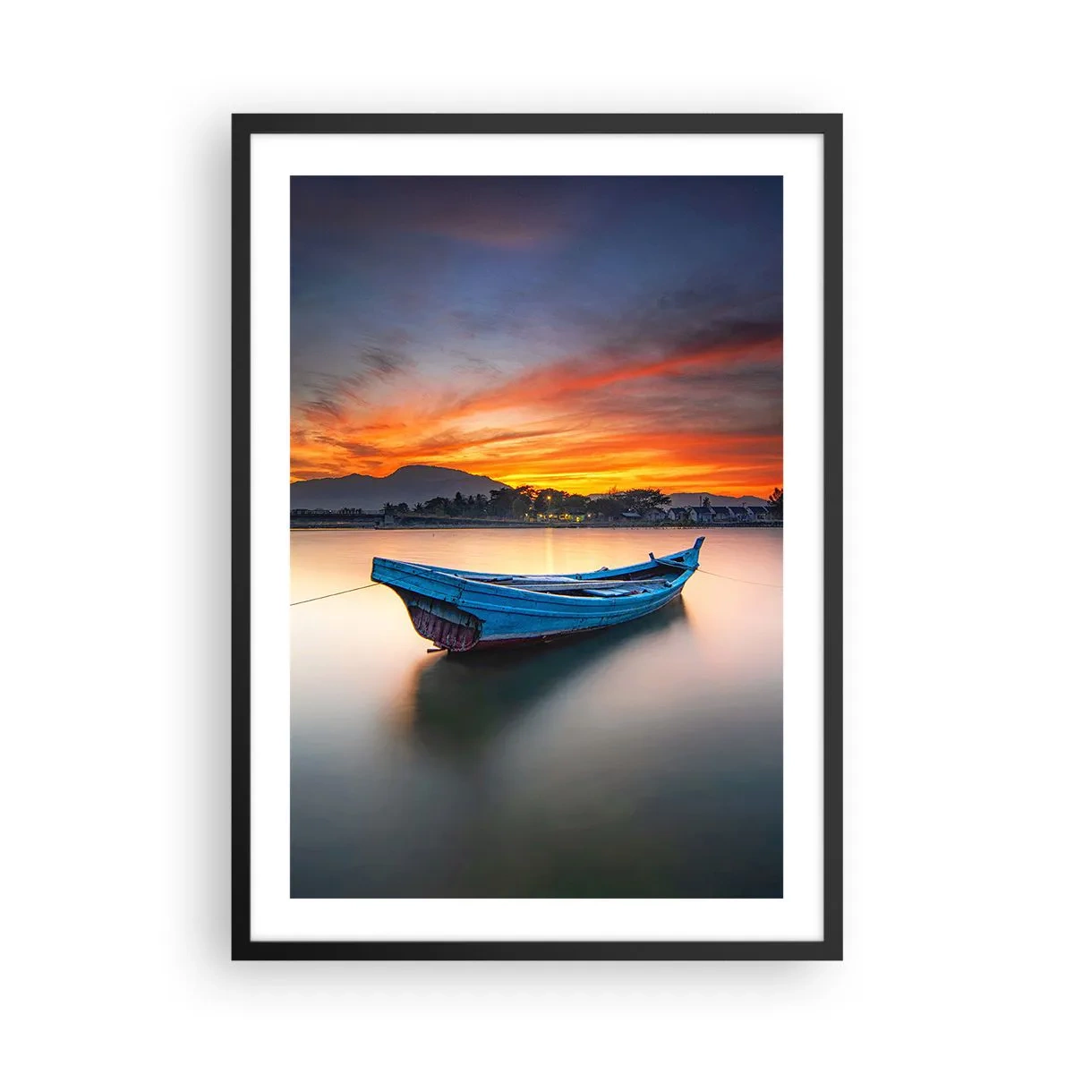 Poster în ramă neagră - O barcă singuratică pe apă la apus - 50x70cm - O noapte bună înainte - Decorațiune modernă pentru perete pentru living și dormitor ARTTOR