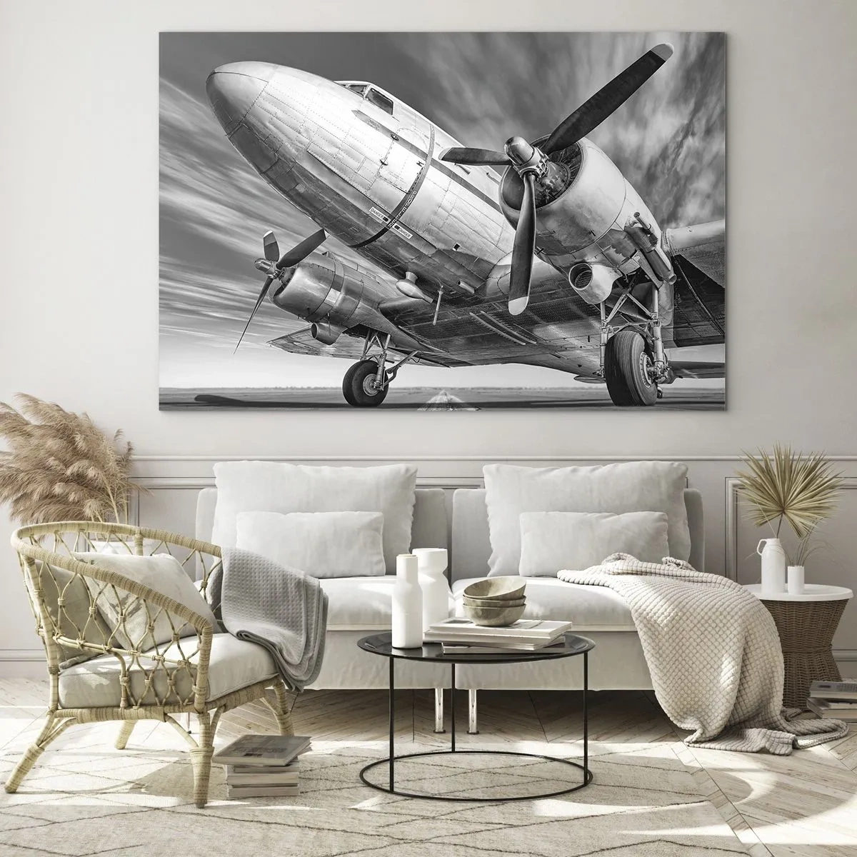 Tablou pe sticlă - Un avion cu elice alb-negru pe pistă - 70x50cm - Întotdeauna gata de zbor - Decorațiune modernă pentru perete pentru living și dormitor ARTTOR
