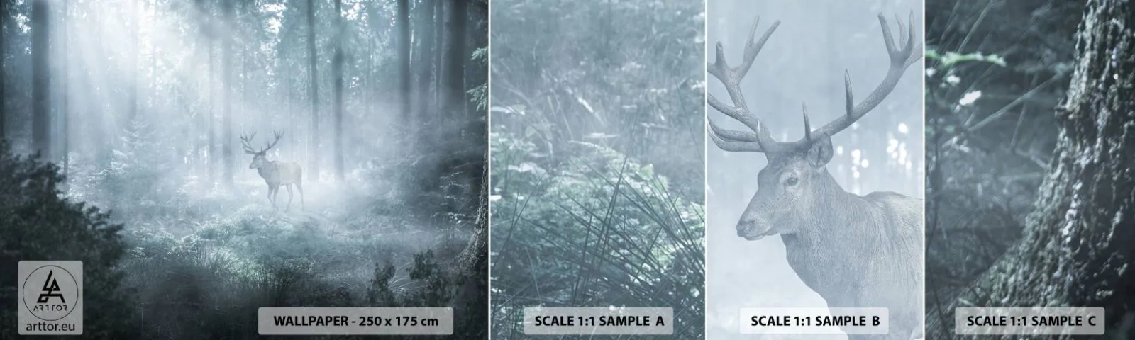 Mostră tapet autocolant Deluxe Sticker - Plimbarea de dimineață prin regat - Peisaj, pădure, Cerb - 100x30 cm