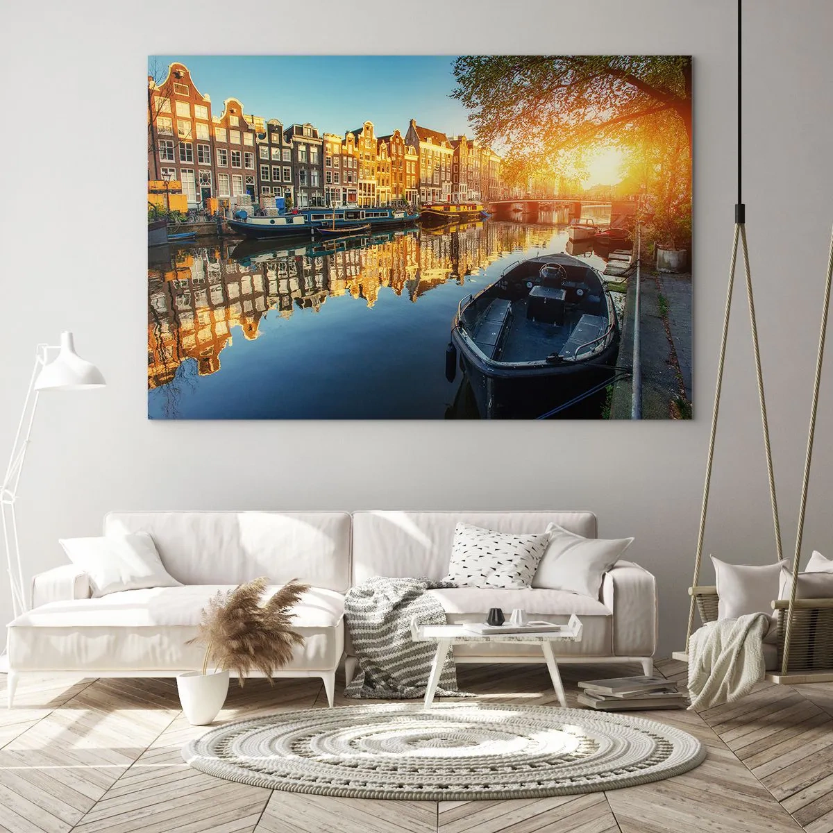 Tablou pe sticlă - Canalul din Amsterdam la apus - 70x50cm - Dimineața în Amsterdam - Decorațiune modernă pentru perete pentru living și dormitor ARTTOR