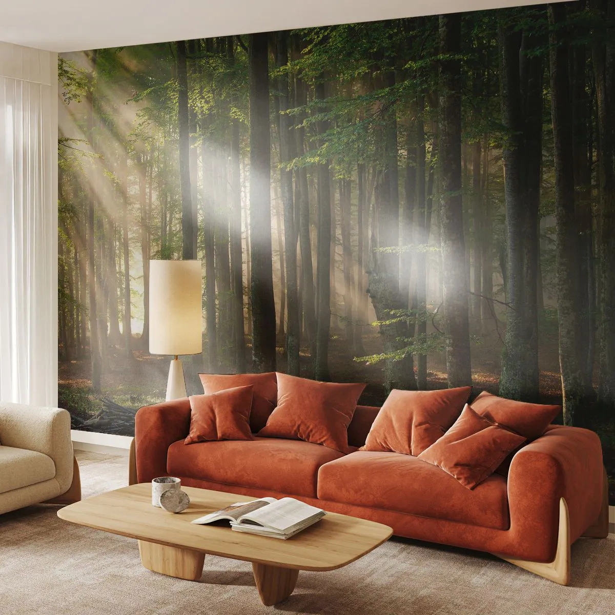 Tapet Standard Eco - Raze de soare care pătrund prin pădurea densă - 100x70cm - Strălucitoare într-o dimineață de primăvară - Decorațiune modernă pentru perete pentru living și dormitor ARTTOR