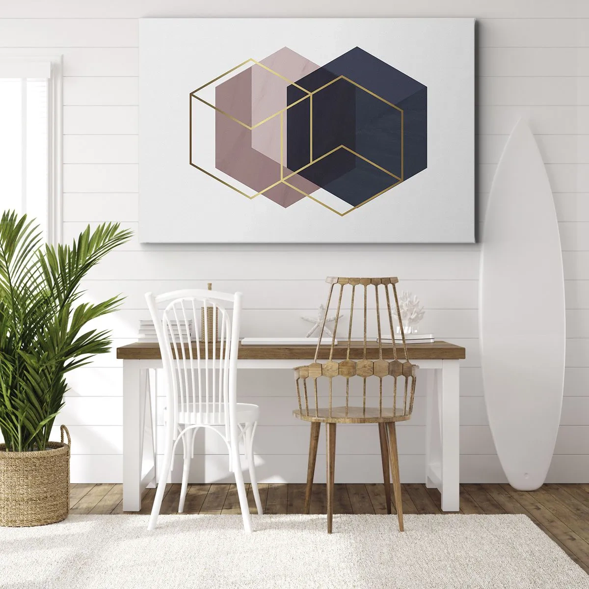 Tablou pe pânză Canvas - Forme geometrice în linii aurii pe un fundal pastel - 70x50cm - Puterea simplității - Decorațiune modernă pentru perete pentru living și dormitor ARTTOR