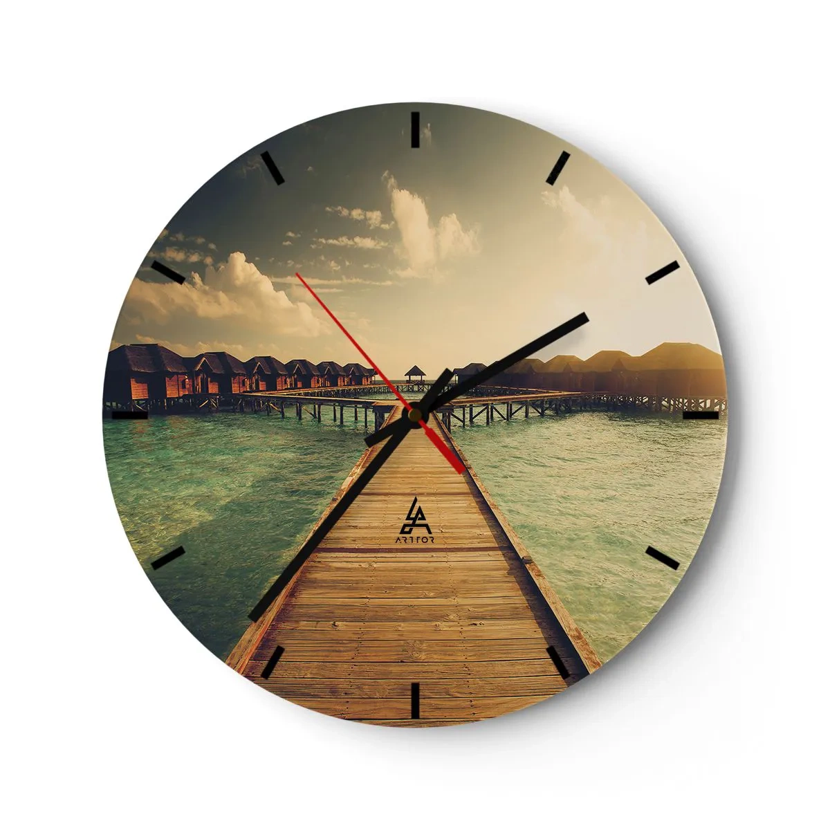 Ceas de perete - Ceas pe sticlă - Debarcaderul care duce la casele de pe apă în lumina apusului - 30x30cm - O invitație caldă - Decorațiune modernă pentru perete pentru living, bucătărie și dormitor ARTTOR