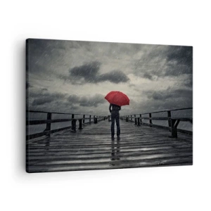 Tablou pe pânză Canvas - O persoană cu o umbrelă roșie pe un dig ploios - 70x50cm - Nu e nimic dacă plouă - Decorațiune modernă pentru perete pentru living și dormitor ARTTOR