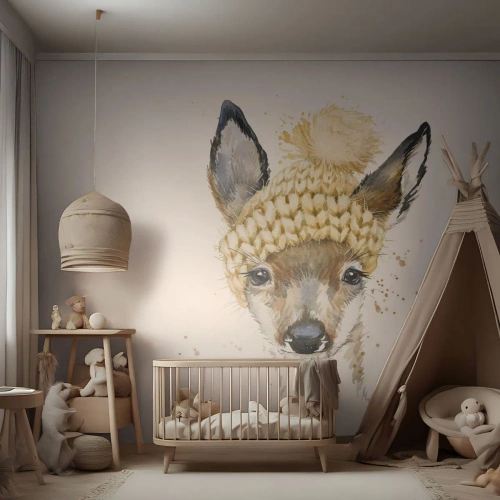 Tapet Standard Eco - Ilustrație în acuarelă a unui căprior purtând o căciulă de iarnă - 100x70cm - Pentru iarnă într-o pădure înzăpezită - Decorațiune modernă pentru perete pentru living și dormitor ARTTOR