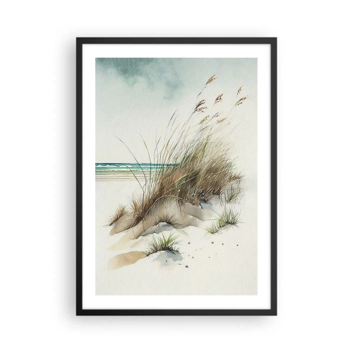 Poster în ramă neagră - Dune în stil acuarelă cu ierburi lângă o mare calmă - 50x70cm - Înfășurate în nisip - Decorațiune modernă pentru perete pentru living și dormitor ARTTOR