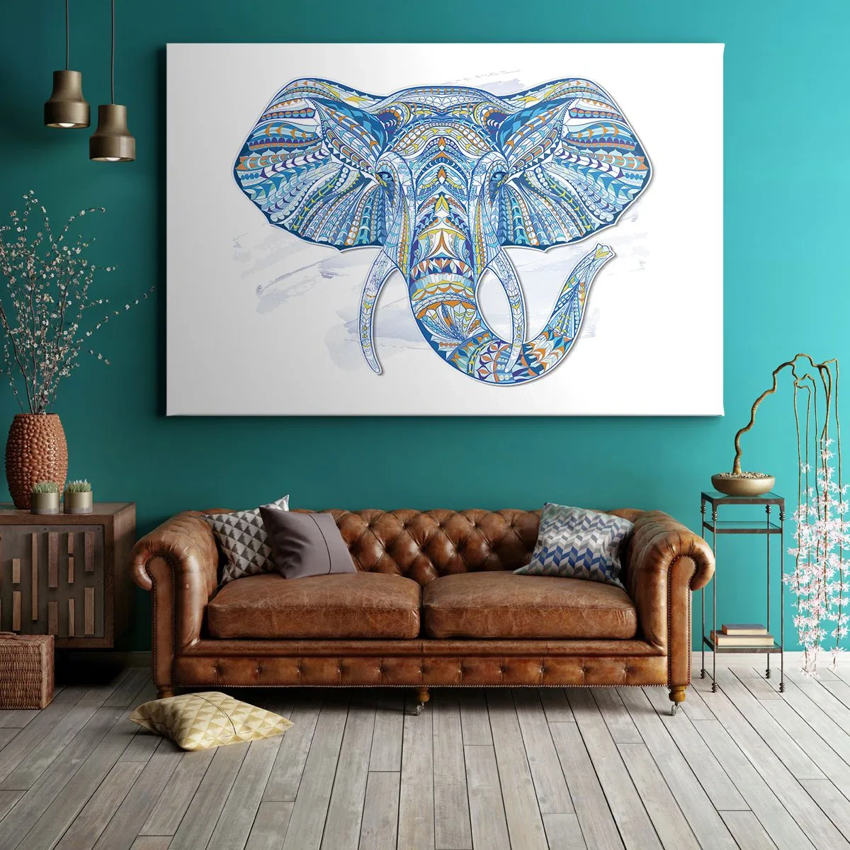 Tablou pe pânză Canvas - Elefant geometric în nuanțe de albastru și auriu - 70x50cm - Incrustat cu aur și albastru - Decorațiune modernă pentru perete pentru living și dormitor ARTTOR