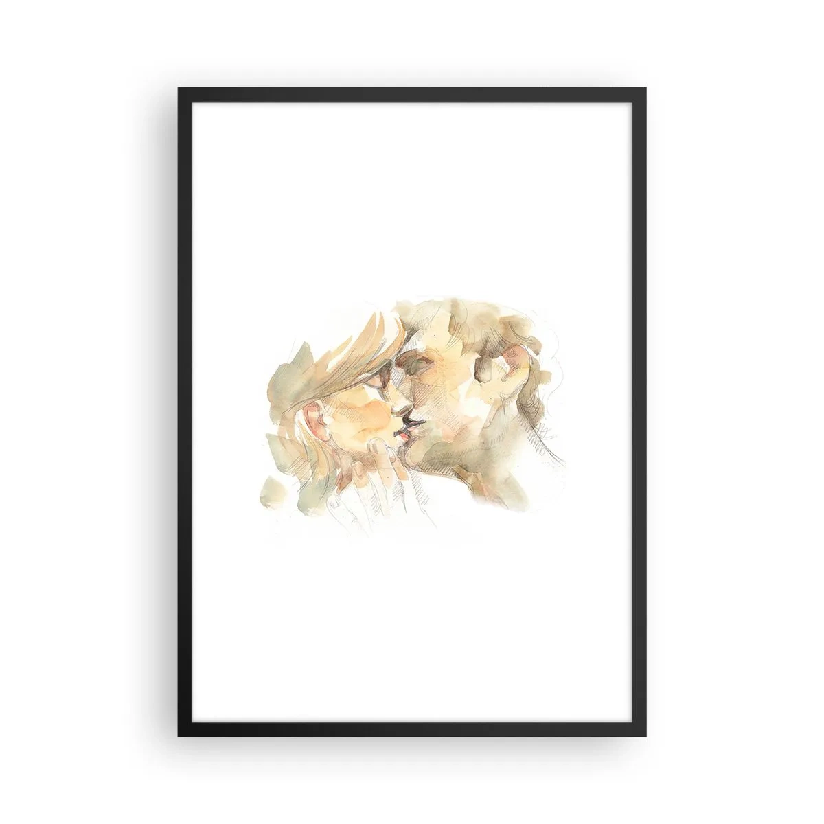 Poster în ramă neagră - Un portret delicat în acuarelă al unui cuplu într-un sărut tandru. - 50x70cm - Jumătatea găsită? - Decorațiune modernă pentru perete pentru living și dormitor ARTTOR