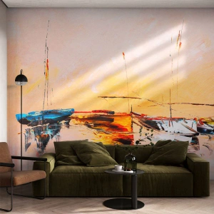 Tapet Standard Eco - Bărci colorate pe apă în lumina soarelui care apune - 100x70cm - O seară în golf - Decorațiune modernă pentru perete pentru living și dormitor ARTTOR
