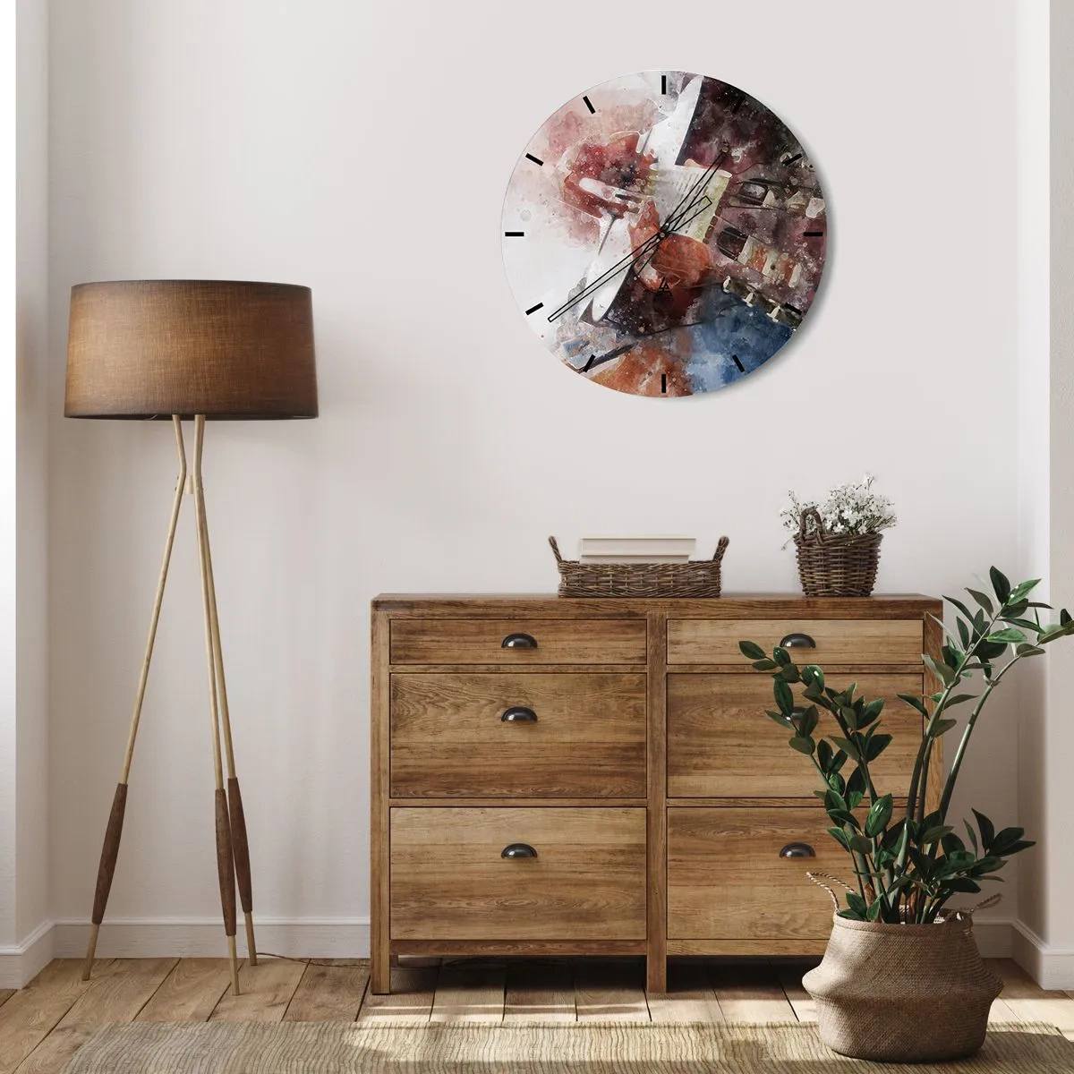 Ceas de perete - Ceas pe sticlă - Motiv artistic de chitară în acuarelă - 30x30cm - Și ce părere ai? - Decorațiune modernă pentru perete pentru living, bucătărie și dormitor ARTTOR