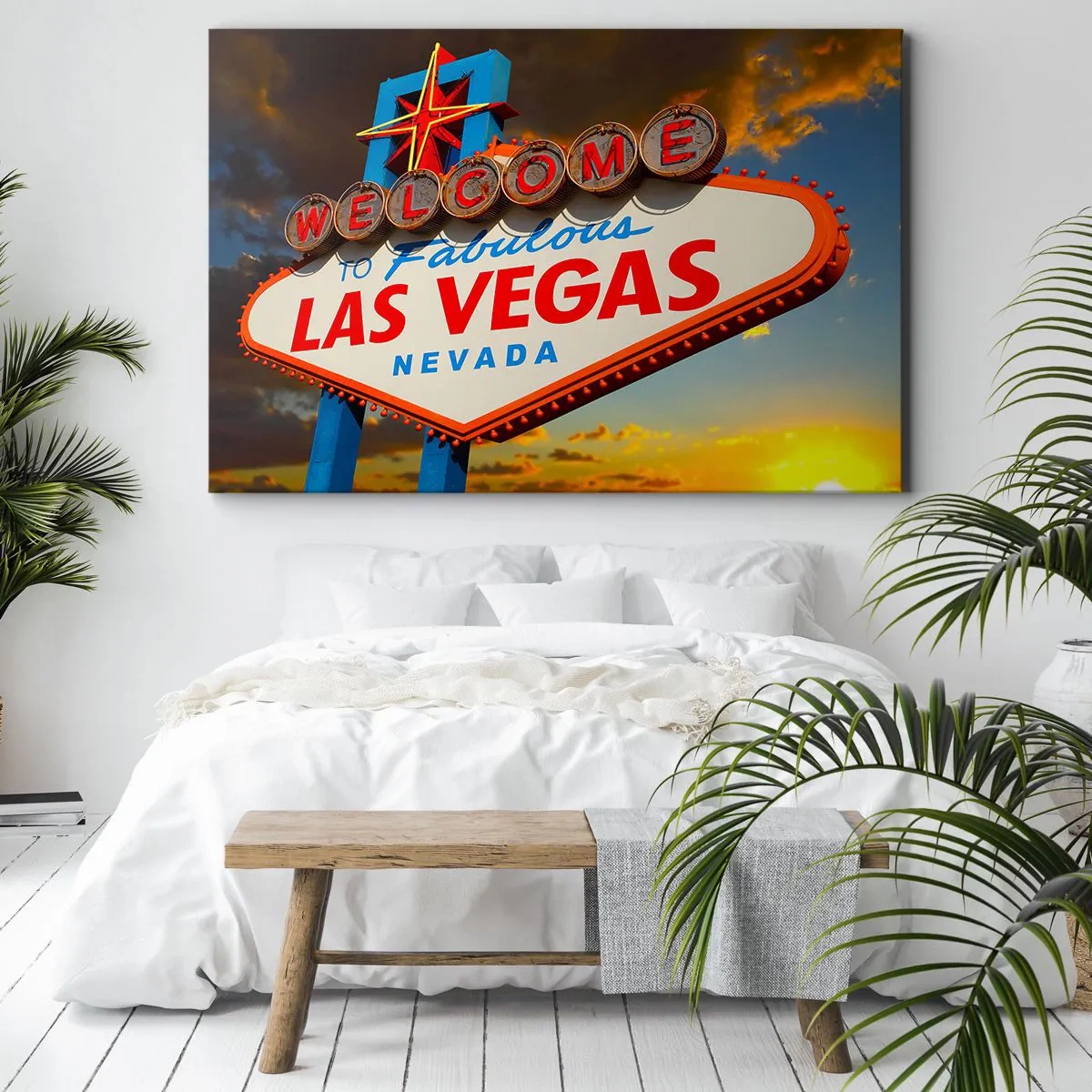 Tablou pe pânză Canvas - Celebrul semn „Welcome to Fabulous Las Vegas” la apus - 70x50cm - Pentru un zâmbet din partea destinului - Decorațiune modernă pentru perete pentru living și dormitor ARTTOR