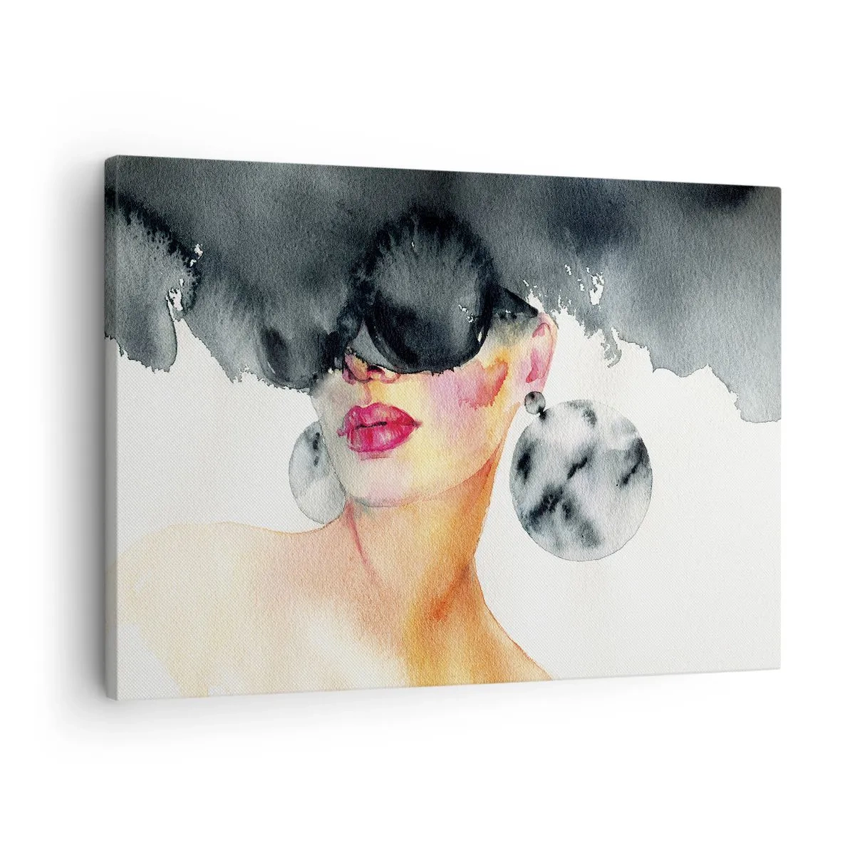 Tablou pe pânză Canvas - femeie purtând ochelari eleganți și cercei mari - 70x50cm - Secretul eleganței - Decorațiune modernă pentru perete pentru living și dormitor ARTTOR